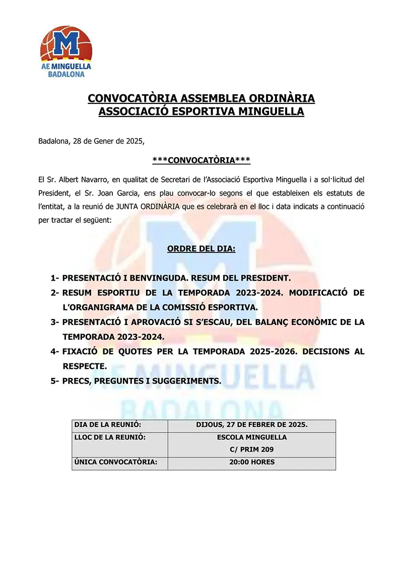 Convocatòria assemblea general ordinària 2025